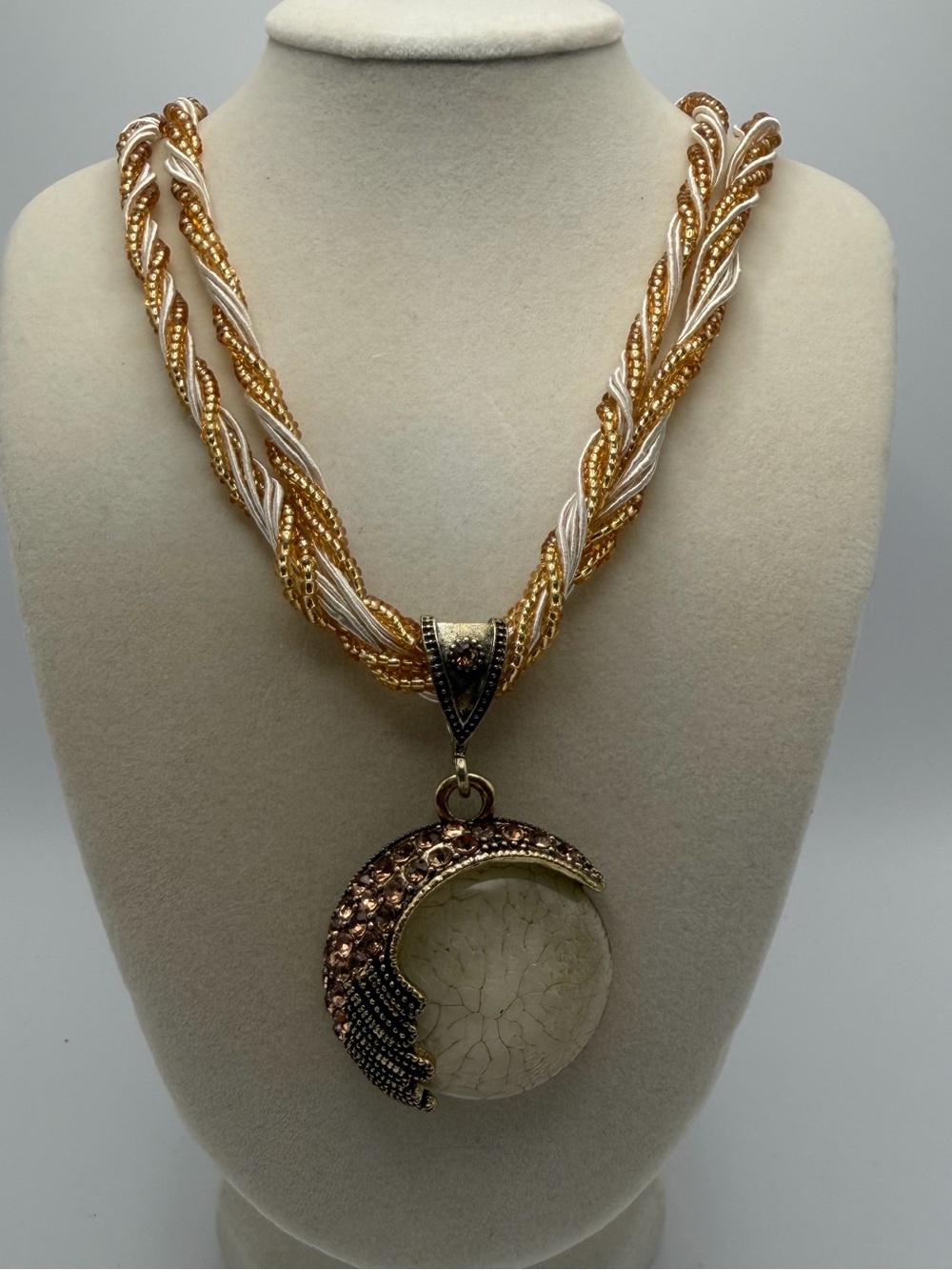 Braided Gold & Cream Necklace with Decorative Moon Pendant